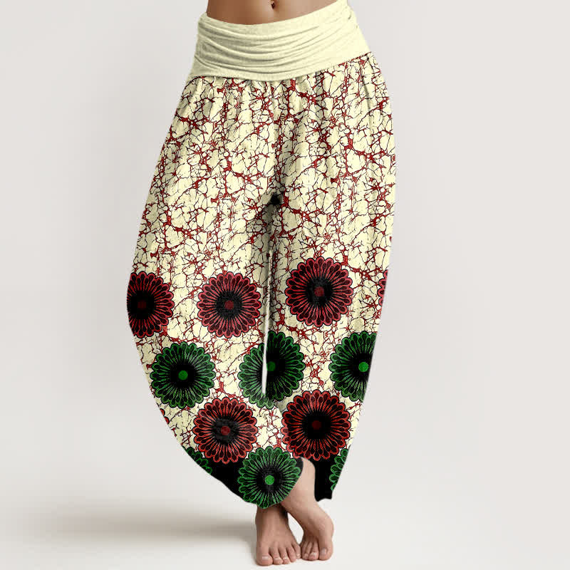 Buddha Stones Pantalones harem de mujer con cintura elástica y estampado floral de algodón puro. - Rojo oscuro - US16，UK/AU20，EU48 (3XL) - image 6