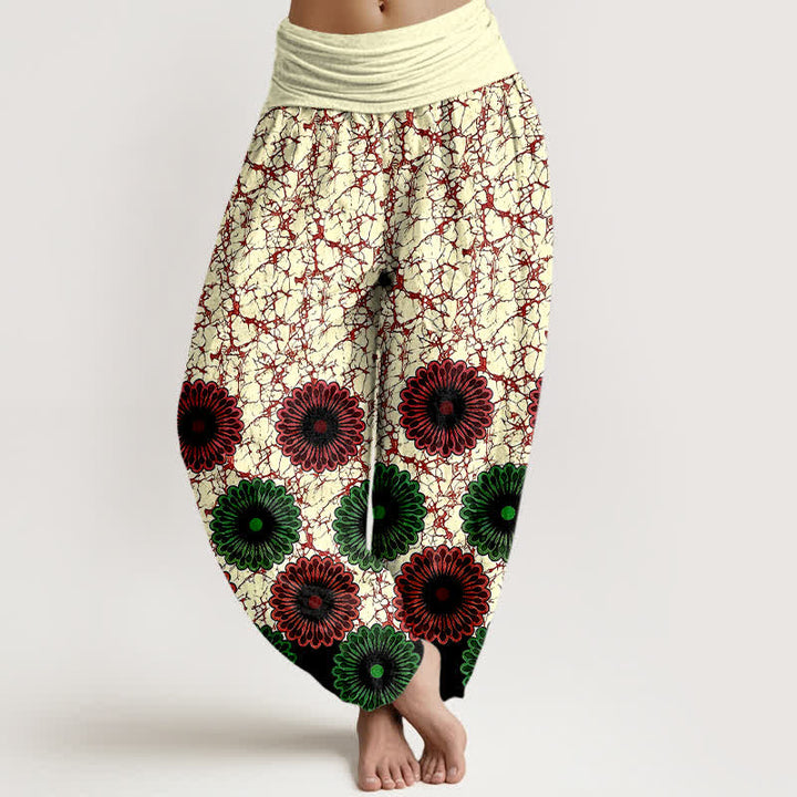 Buddha Stones Pantalones harem de mujer con cintura elástica y estampado floral de algodón puro. - Rojo oscuro - US16，UK/AU20，EU48 (3XL) - image 6