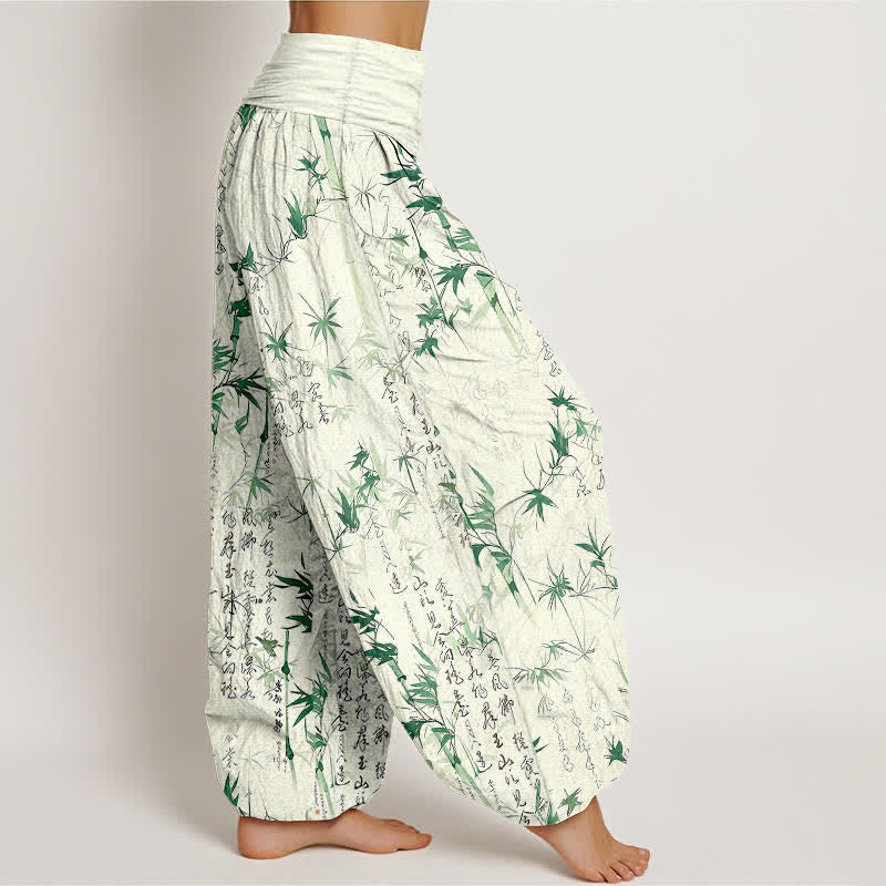 Buddha Stones Pantalones harem de mujer con cintura elástica y estampado de caligrafía de hojas de bambú de algodón puro para mujer - image 1