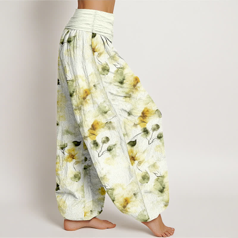 Buddha Stones Pantalones harem de algodón con estampado floral de hojas en acuarela para mujer con cintura elástica. - image 1