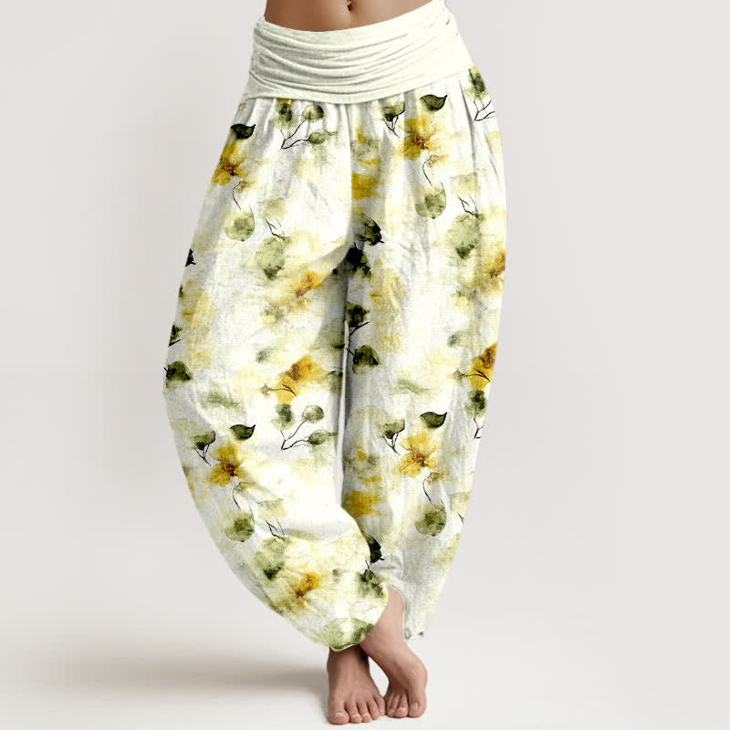 Buddha Stones Pantalones harem de algodón con estampado floral de hojas en acuarela para mujer con cintura elástica. - Caqui - US16，UK/AU20，EU48 (3XL) - image 0