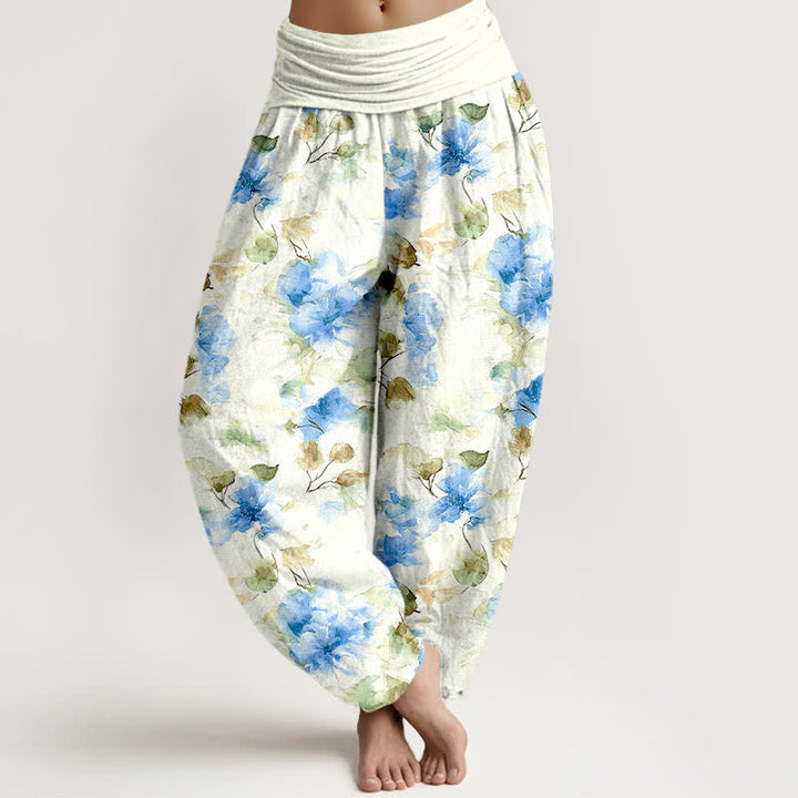 Buddha Stones Pantalones harem de algodón con estampado floral de hojas en acuarela para mujer con cintura elástica. - Azul cielo profundo - US16，UK/AU20，EU48 (3XL) - image 3
