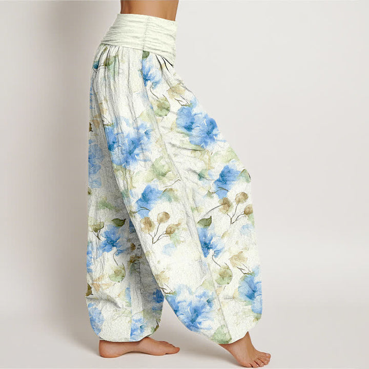 Buddha Stones Pantalones harem de algodón con estampado floral de hojas en acuarela para mujer con cintura elástica. - image 4