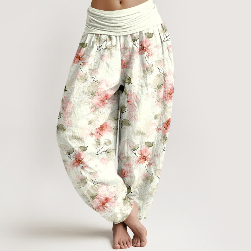 Buddha Stones Pantalones harem de algodón con estampado floral de hojas en acuarela para mujer con cintura elástica. - rosa claro - US16，UK/AU20，EU48 (3XL) - image 6