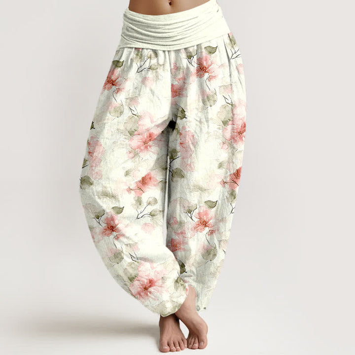 Buddha Stones Pantalones harem de algodón con estampado floral de hojas en acuarela para mujer con cintura elástica. - rosa claro - US16，UK/AU20，EU48 (3XL) - image 6
