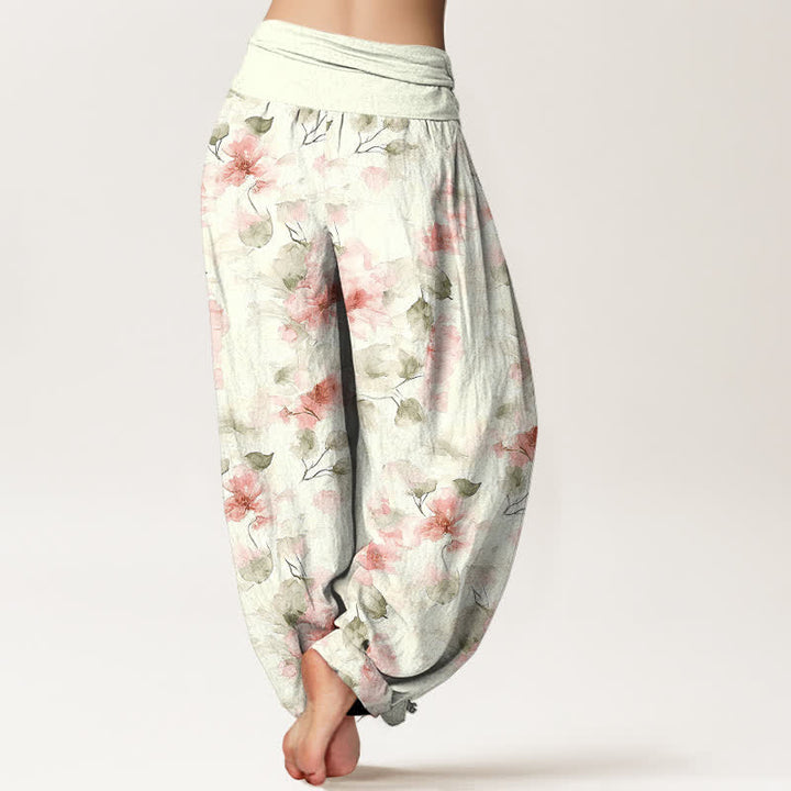 Buddha Stones Pantalones harem de algodón con estampado floral de hojas en acuarela para mujer con cintura elástica. - image 8
