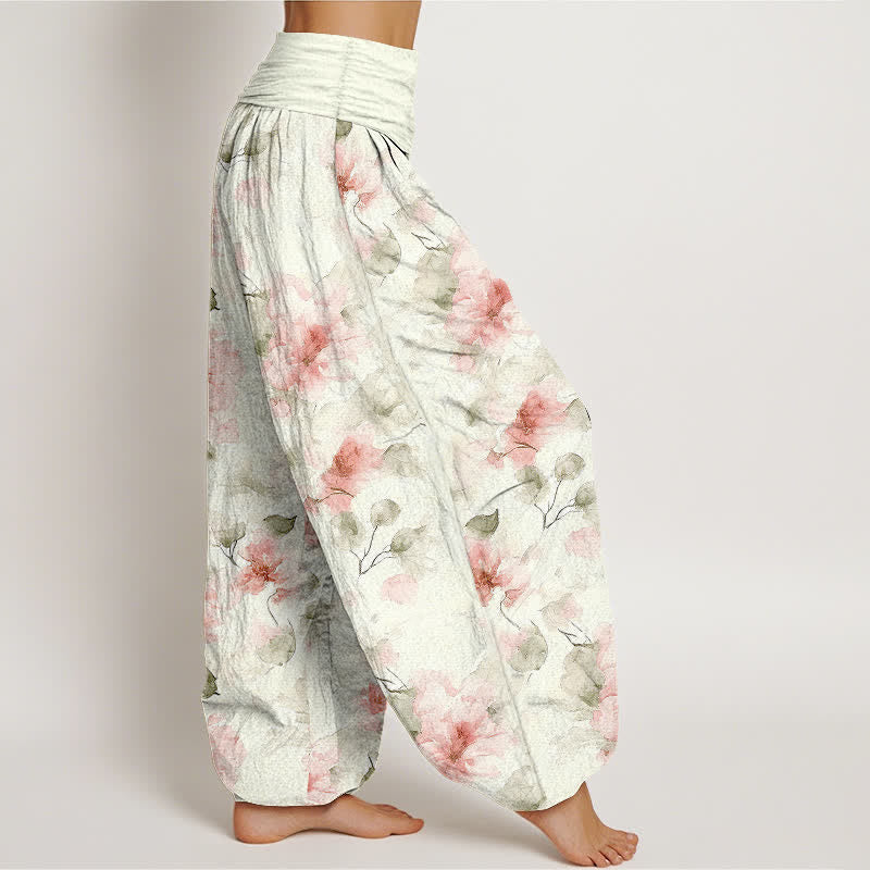 Buddha Stones Pantalones harem de algodón con estampado floral de hojas en acuarela para mujer con cintura elástica. - image 7