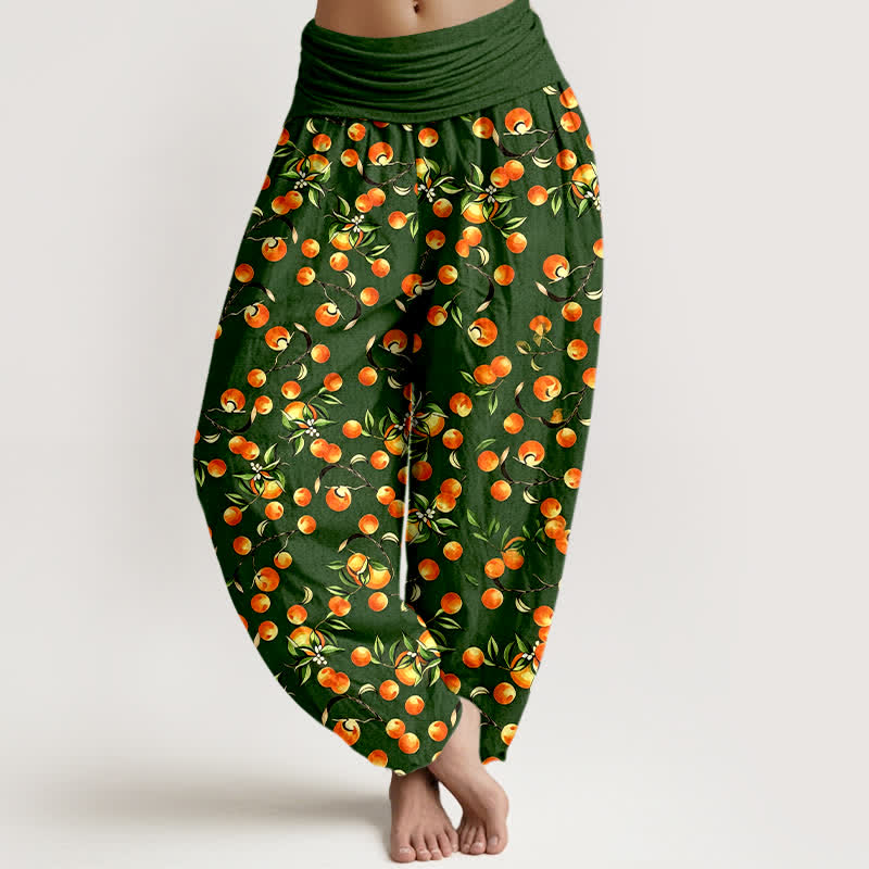 Buddha Stones Pantalones harem de mujer con cintura elástica y estampado de hojas de mandarina, de algodón puro. - Verde bosque - US16，UK/AU20，EU48 (3XL) - image 0