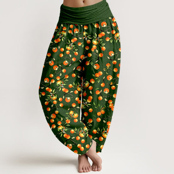 Buddha Stones Pantalones harem de mujer con cintura elástica y estampado de hojas de mandarina, de algodón puro. - Verde bosque - US16，UK/AU20，EU48 (3XL) - image 0