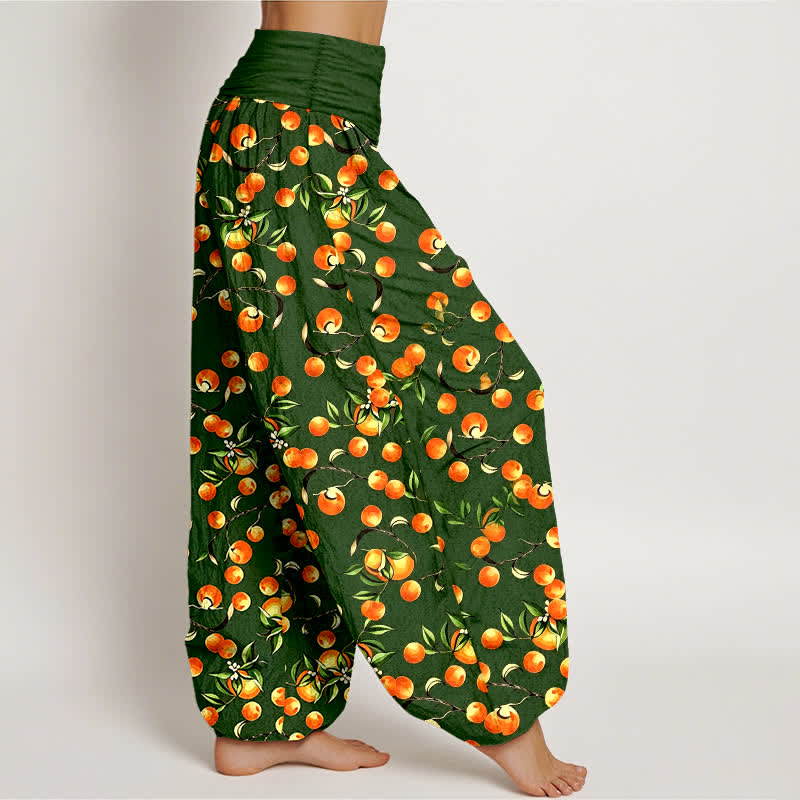 Buddha Stones Pantalones harem de mujer con cintura elástica y estampado de hojas de mandarina, de algodón puro. - image 1