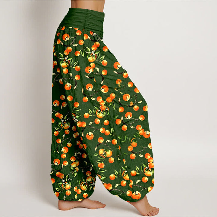 Buddha Stones Pantalones harem de mujer con cintura elástica y estampado de hojas de mandarina, de algodón puro. - image 1