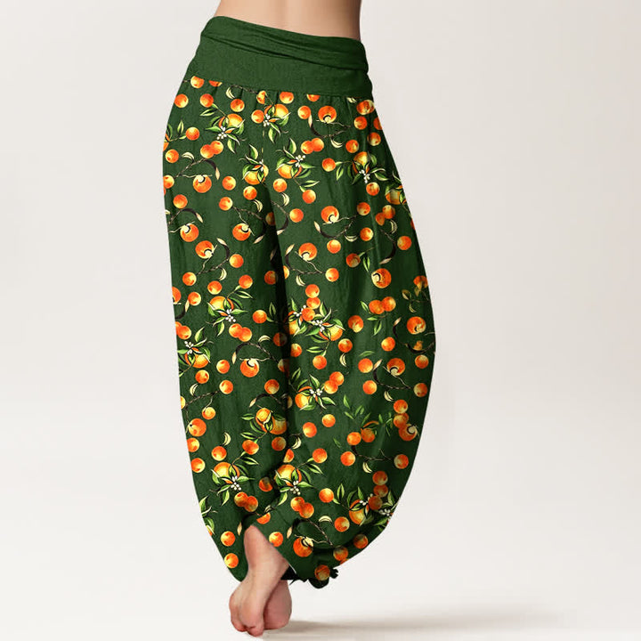 Buddha Stones Pantalones harem de mujer con cintura elástica y estampado de hojas de mandarina, de algodón puro. - image 2