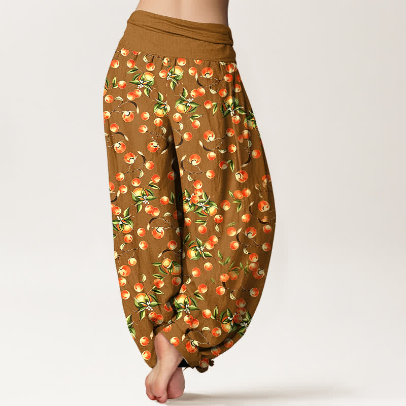Buddha Stones Pantalones harem de mujer con cintura elástica y estampado de hojas de mandarina, de algodón puro. - image 5