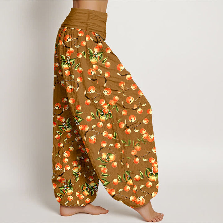 Buddha Stones Pantalones harem de mujer con cintura elástica y estampado de hojas de mandarina, de algodón puro. - image 4