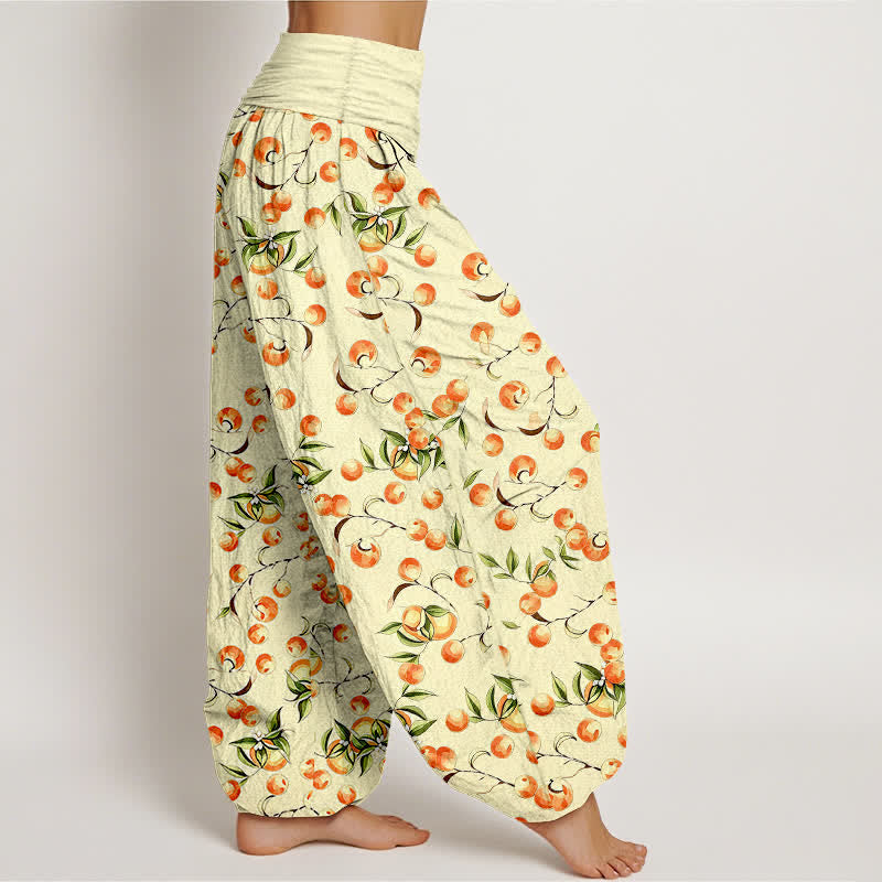 Buddha Stones Pantalones harem de mujer con cintura elástica y estampado de hojas de mandarina, de algodón puro. - image 7