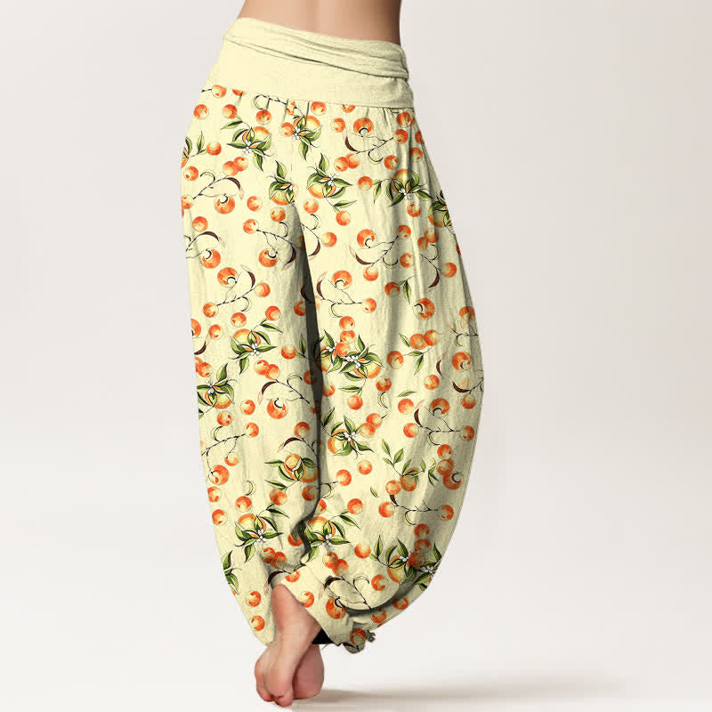 Buddha Stones Pantalones harem de mujer con cintura elástica y estampado de hojas de mandarina, de algodón puro. - image 8