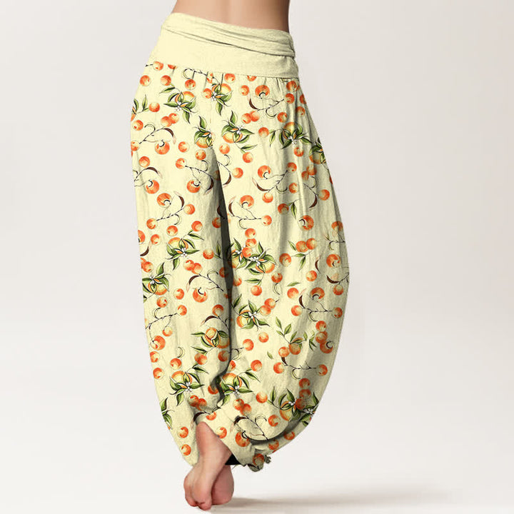 Buddha Stones Pantalones harem de mujer con cintura elástica y estampado de hojas de mandarina, de algodón puro. - image 8