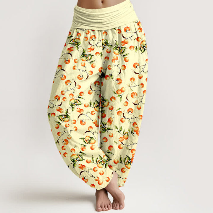 Buddha Stones Pantalones harem de mujer con cintura elástica y estampado de hojas de mandarina, de algodón puro. - Limón Chiffon - US16，UK/AU20，EU48 (3XL) - image 6