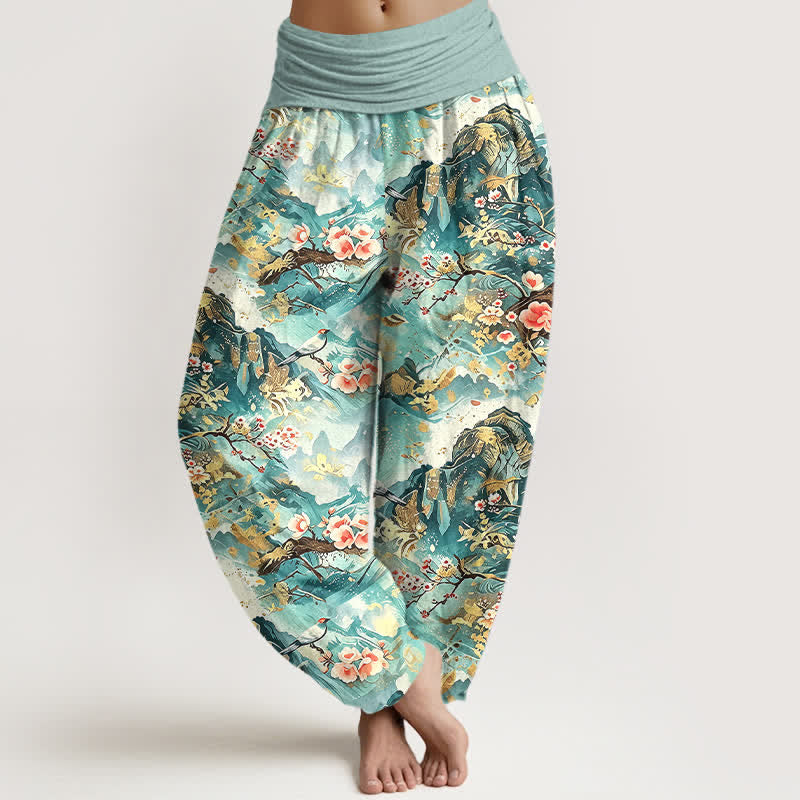 Buddha Stones Pantalones harem de mujer con cintura elástica y estampado floral de paisaje oriental, de algodón puro. - Turquesa - US16，UK/AU20，EU48 (3XL) - image 0