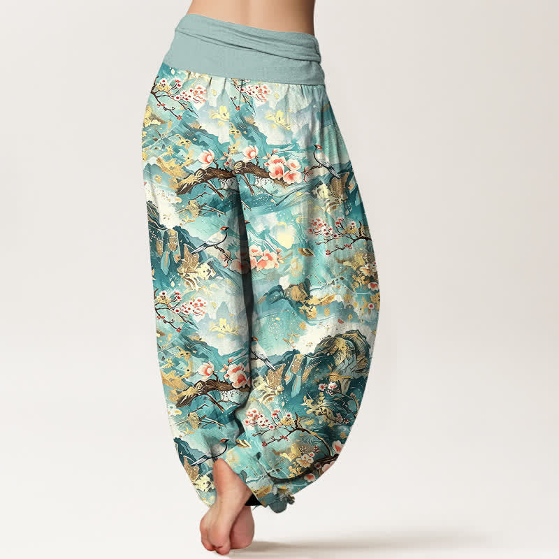 Buddha Stones Pantalones harem de mujer con cintura elástica y estampado floral de paisaje oriental, de algodón puro. - image 2