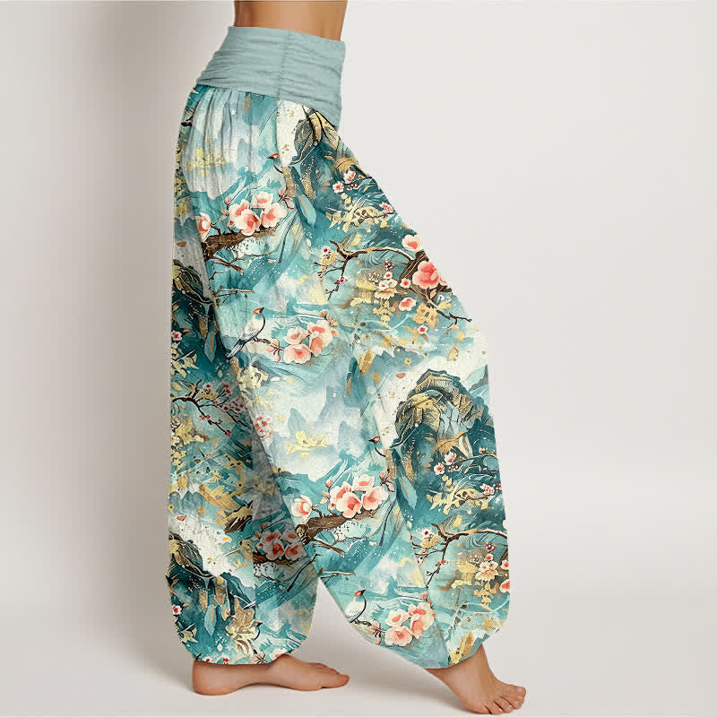 Buddha Stones Pantalones harem de mujer con cintura elástica y estampado floral de paisaje oriental, de algodón puro. - image 1
