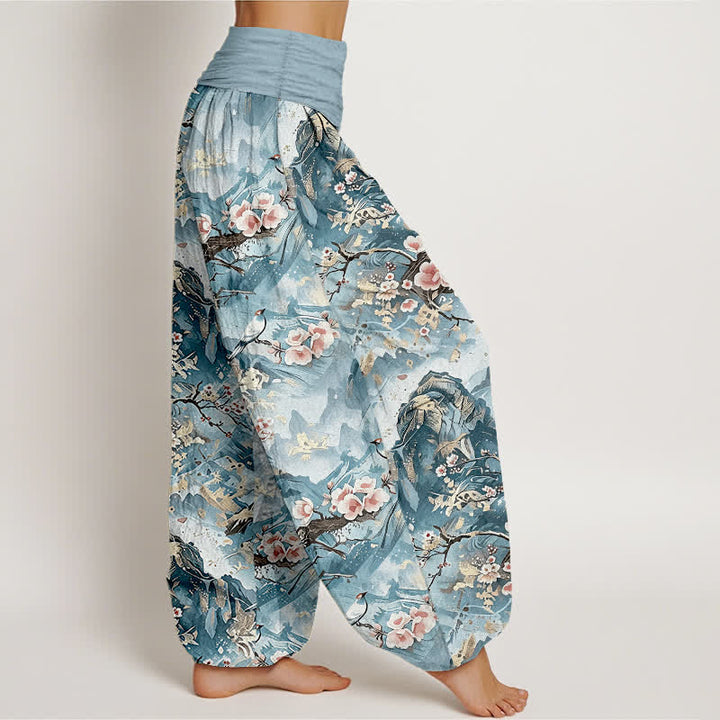 Buddha Stones Pantalones harem de mujer con cintura elástica y estampado floral de paisaje oriental, de algodón puro. - image 4