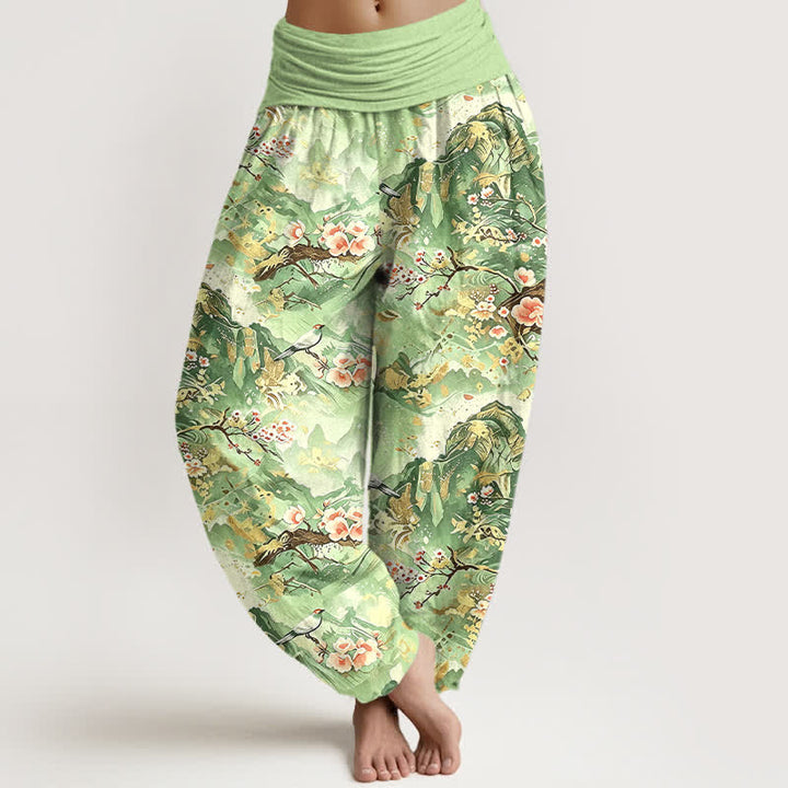 Buddha Stones Pantalones harem de mujer con cintura elástica y estampado floral de paisaje oriental, de algodón puro. - Verde claro - US16，UK/AU20，EU48 (3XL) - image 6