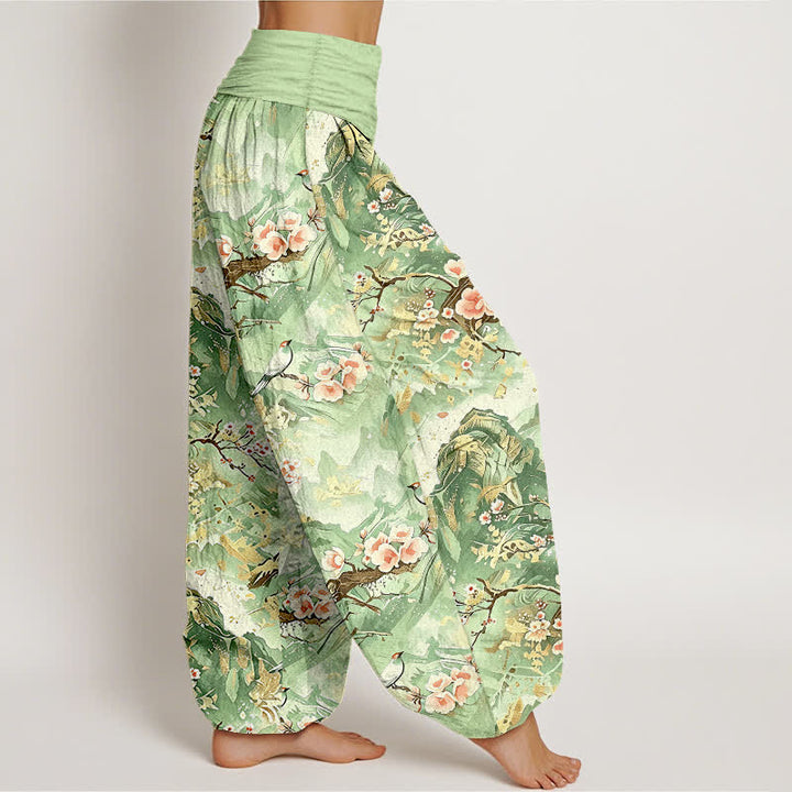 Buddha Stones Pantalones harem de mujer con cintura elástica y estampado floral de paisaje oriental, de algodón puro. - image 7