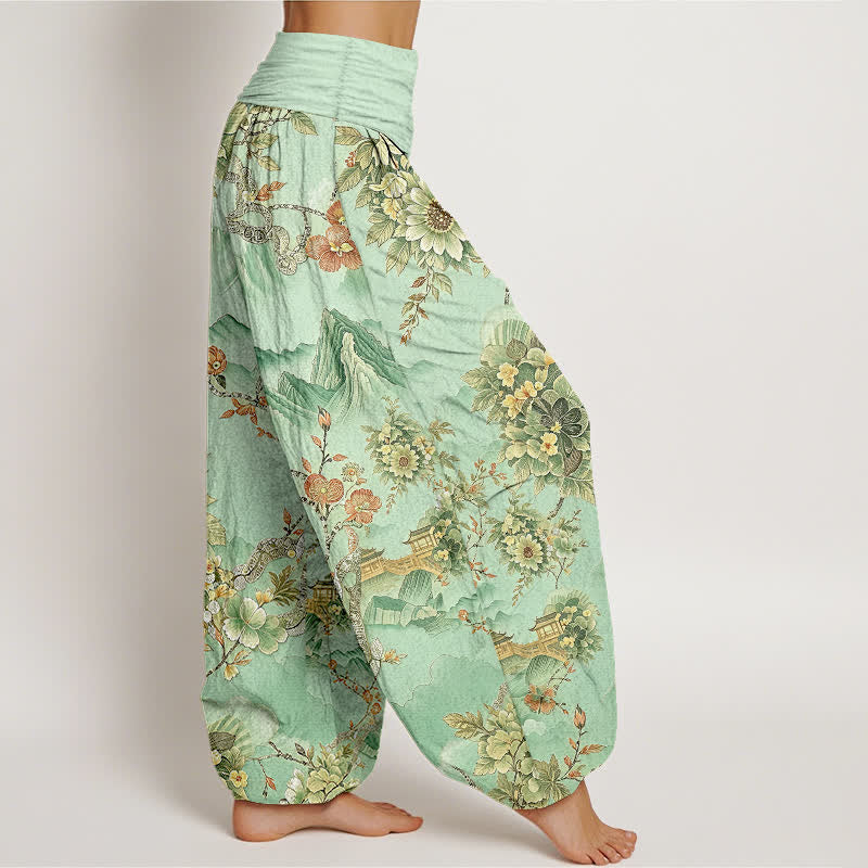 Buddha Stones Pantalones harem de algodón con estampado floral de montaña oriental para mujer con cintura elástica. - image 1