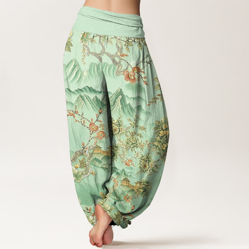 Buddha Stones Pantalones harem de algodón con estampado floral de montaña oriental para mujer con cintura elástica. - image 2
