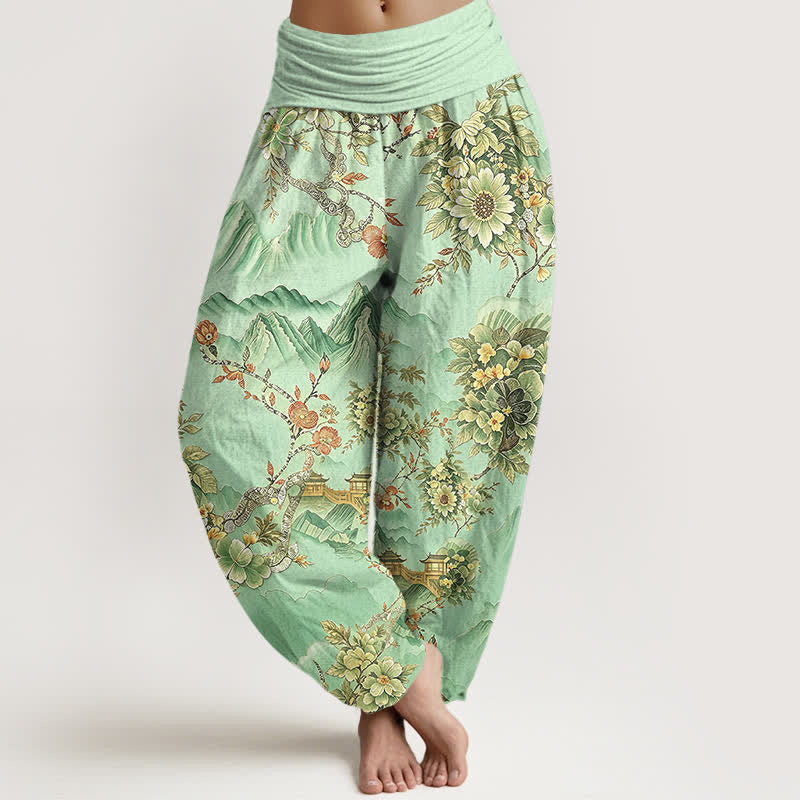 Buddha Stones Pantalones harem de algodón con estampado floral de montaña oriental para mujer con cintura elástica. - Aguamarina - US16，UK/AU20，EU48 (3XL) - image 0