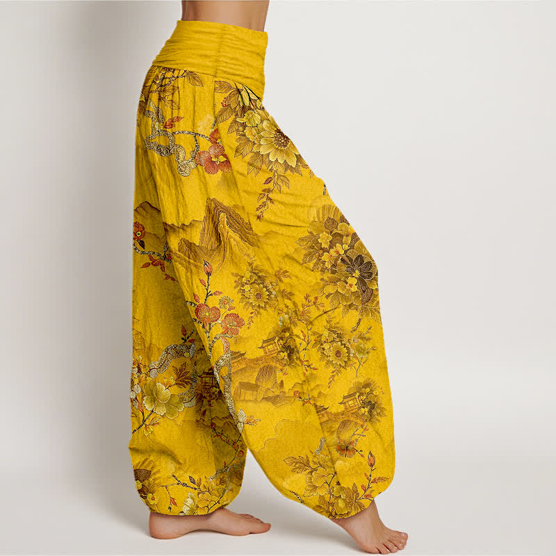 Buddha Stones Pantalones harem de algodón con estampado floral de montaña oriental para mujer con cintura elástica. - image 4