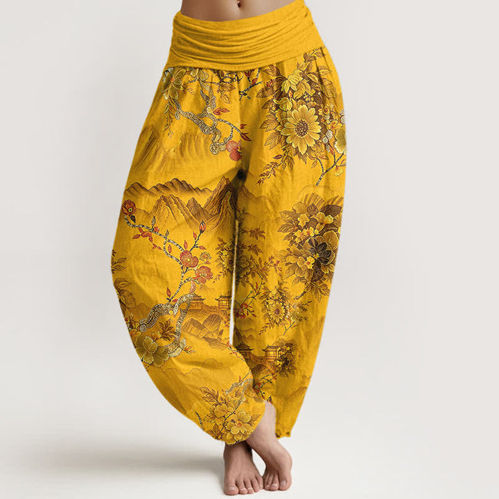 Buddha Stones Pantalones harem de algodón con estampado floral de montaña oriental para mujer con cintura elástica. - vara de oro - US16，UK/AU20，EU48 (3XL) - image 3