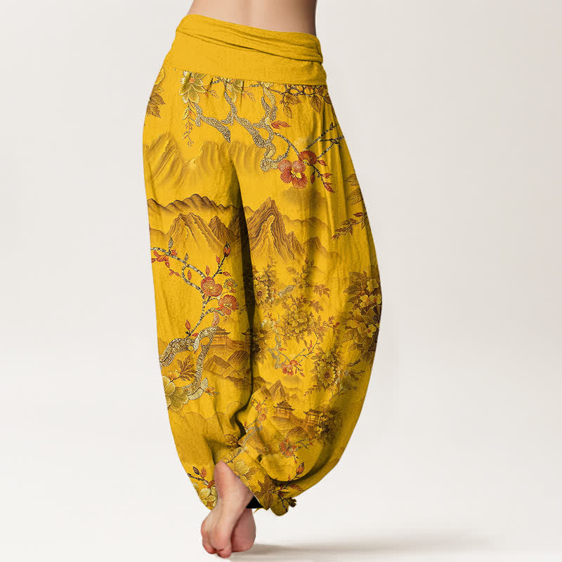 Buddha Stones Pantalones harem de algodón con estampado floral de montaña oriental para mujer con cintura elástica. - image 5