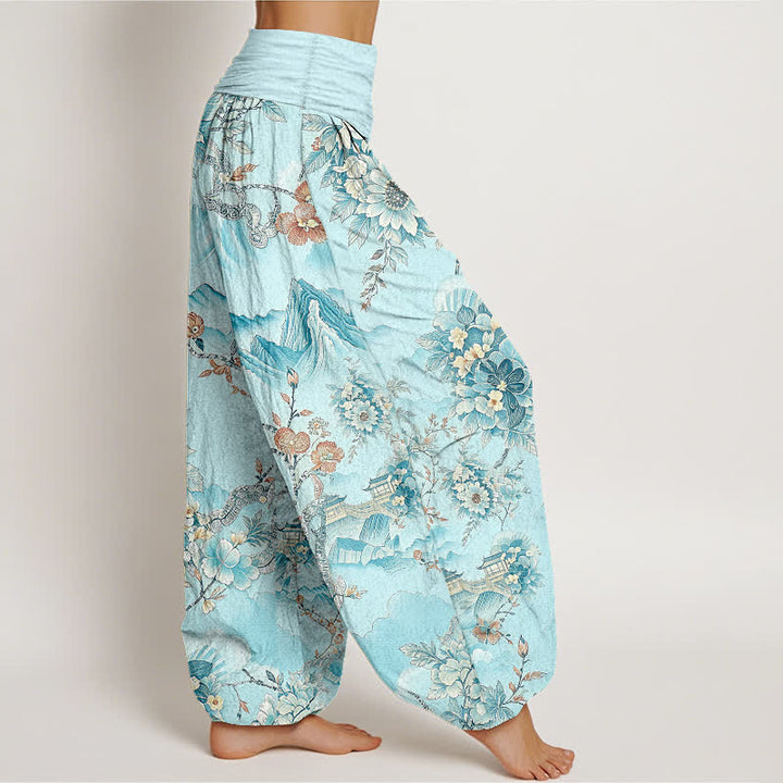 Buddha Stones Pantalones harem de algodón con estampado floral de montaña oriental para mujer con cintura elástica. - image 7