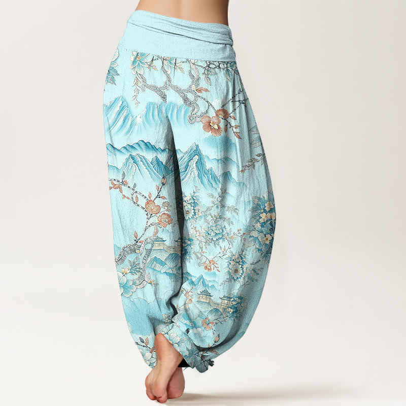Buddha Stones Pantalones harem de algodón con estampado floral de montaña oriental para mujer con cintura elástica. - image 8
