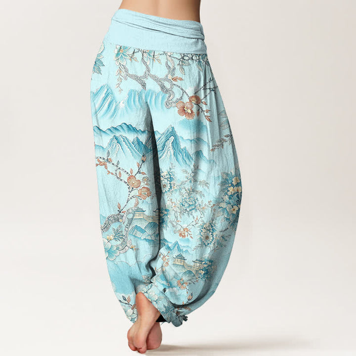Buddha Stones Pantalones harem de algodón con estampado floral de montaña oriental para mujer con cintura elástica. - image 8