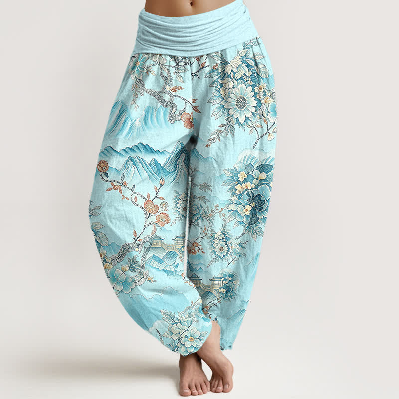 Buddha Stones Pantalones harem de algodón con estampado floral de montaña oriental para mujer con cintura elástica. - Cian - US16，UK/AU20，EU48 (3XL) - image 6