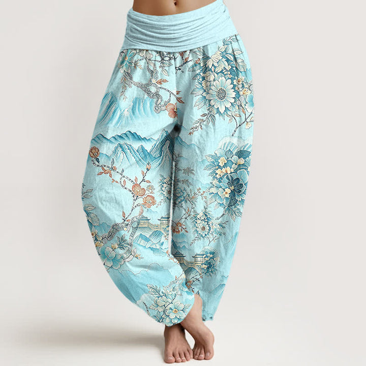 Buddha Stones Pantalones harem de algodón con estampado floral de montaña oriental para mujer con cintura elástica. - Cian - US16，UK/AU20，EU48 (3XL) - image 6
