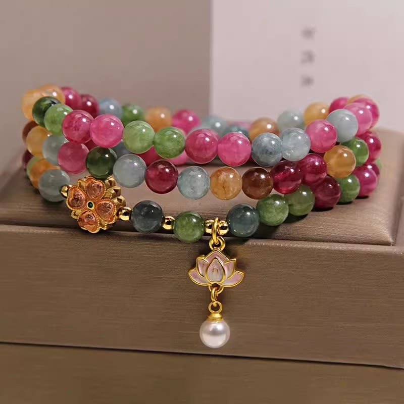 Buddha Stones Pulsera con dije de triple vuelta de turmalina arcoíris y loto de sabiduría - Turmalina (Protección♥Curación) - image 0