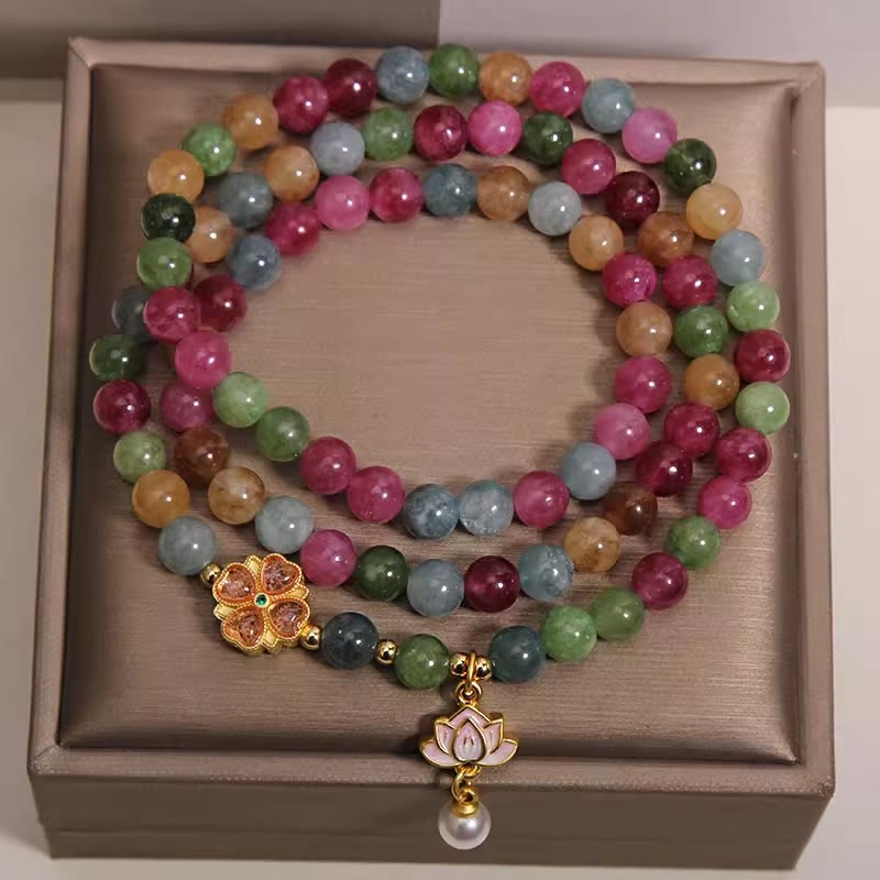 Buddha Stones Pulsera con dije de triple vuelta de turmalina arcoíris y loto de sabiduría - image 1