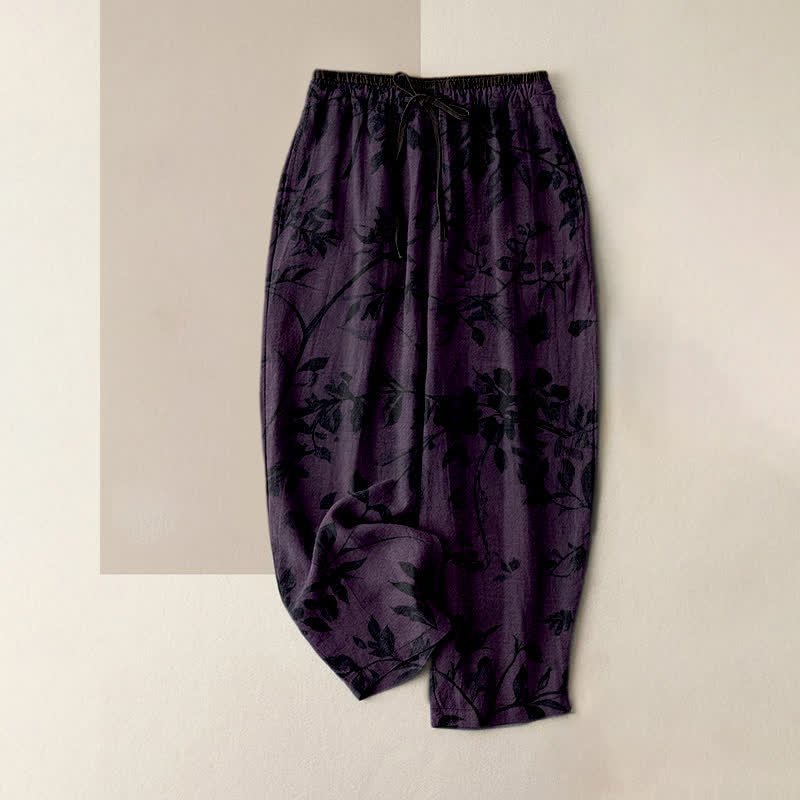 Buddha Stones Pantalones de mujer de algodón puro con estampado botánico de hojas negras, cintura elástica y bolsillos. - Púrpura - US16，UK/AU20，EU48 (3XL) - image 4