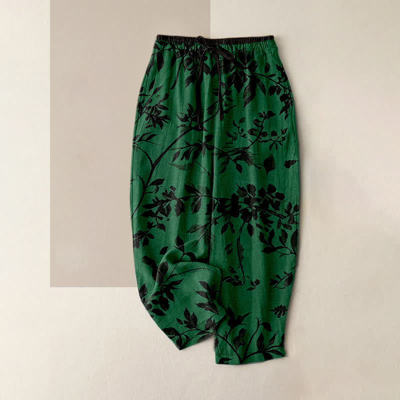 Buddha Stones Pantalones de mujer de algodón puro con estampado botánico de hojas negras, cintura elástica y bolsillos. - Verde bosque - US16，UK/AU20，EU48 (3XL) - image 5