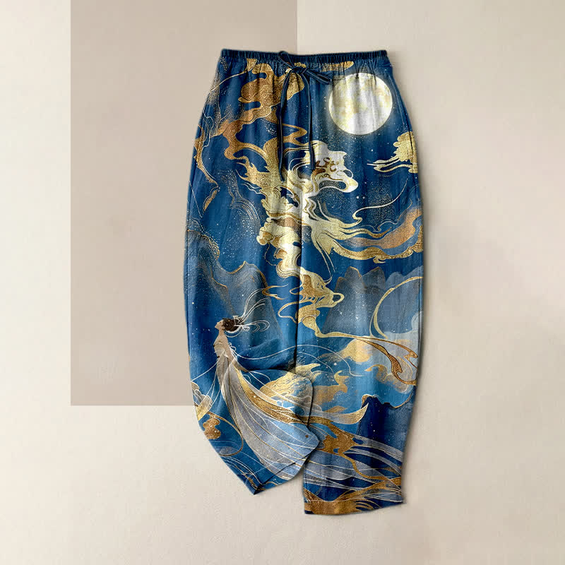 Buddha Stones Pantalones de mujer de algodón puro con estampado de luna dorada, nubes y cintura elástica, con bolsillos. - Azul real - US16，UK/AU20，EU48 (3XL) - image 4