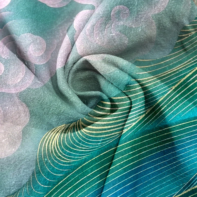 Buddha Stones Pantalones de mujer de algodón puro con estampado degradado de grullas voladoras y nubes, cintura elástica y bolsillos. - image 1