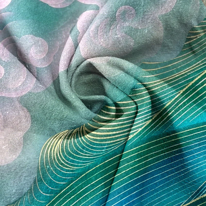 Buddha Stones Pantalones de mujer de algodón puro con estampado degradado de grullas voladoras y nubes, cintura elástica y bolsillos. - image 1