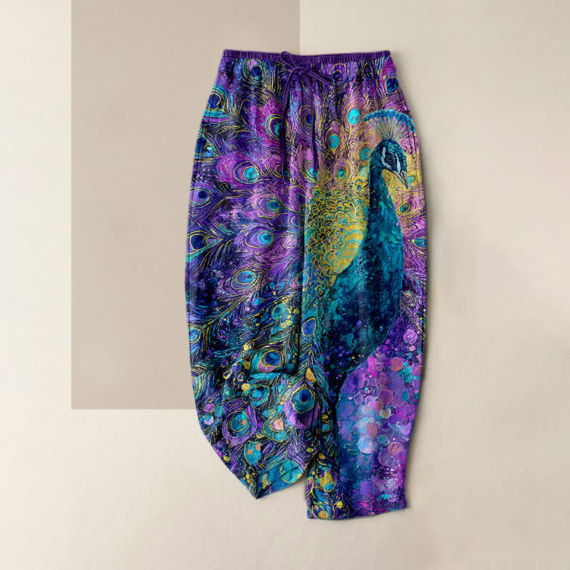 Buddha Stones Pantalones de mujer de algodón puro con estampado de plumas de pavo real, cintura elástica y bolsillos. - Violeta azul - US16，UK/AU20，EU48 (3XL) - image 0