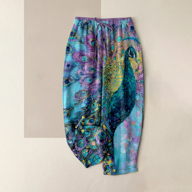 Buddha Stones Pantalones de mujer de algodón puro con estampado de plumas de pavo real, cintura elástica y bolsillos. - Azul cielo claro - US16，UK/AU20，EU48 (3XL) - image 4