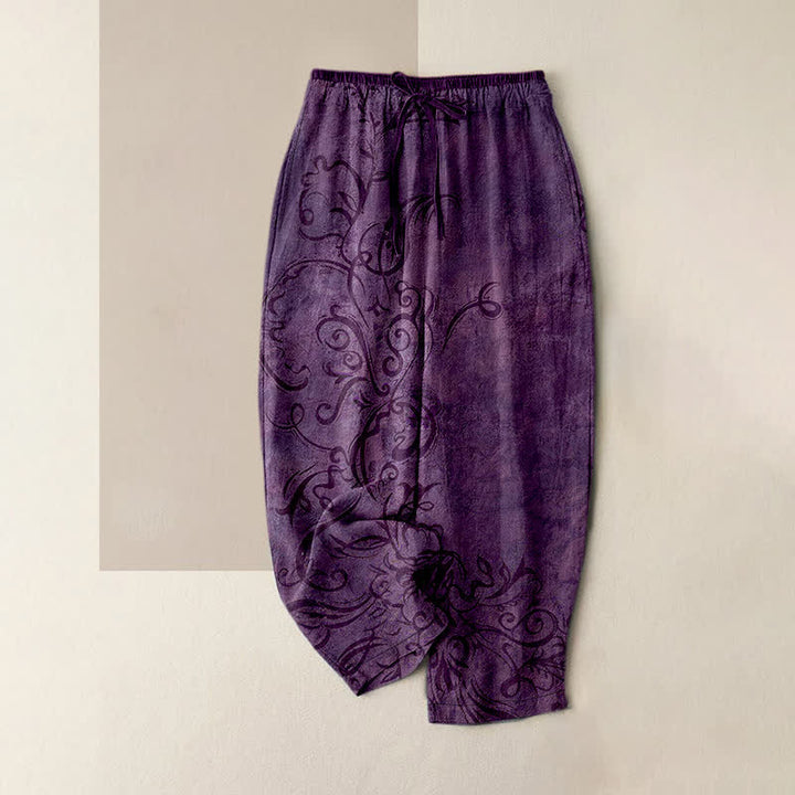 Pantalones de mujer con cintura elástica y bolsillos, estampado de vid y Buddha Stones. - Púrpura - US16，UK/AU20，EU48 (3XL) - image 0
