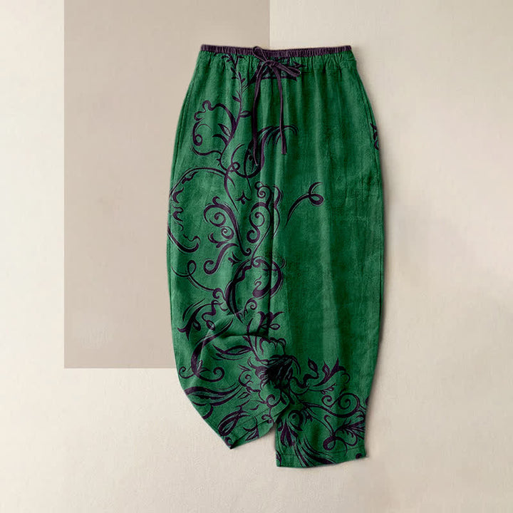 Pantalones de mujer con cintura elástica y bolsillos, estampado de vid y Buddha Stones. - Verde bosque - US16，UK/AU20，EU48 (3XL) - image 4